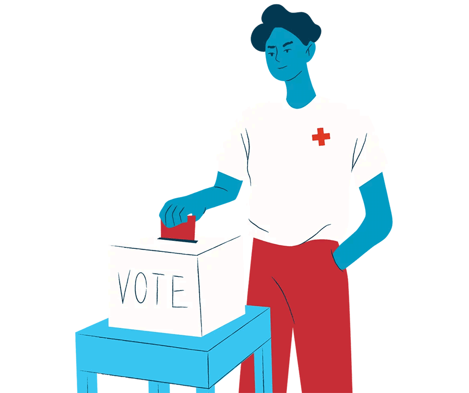 illustration of person casting ballot with medical red cross on their t-shirt