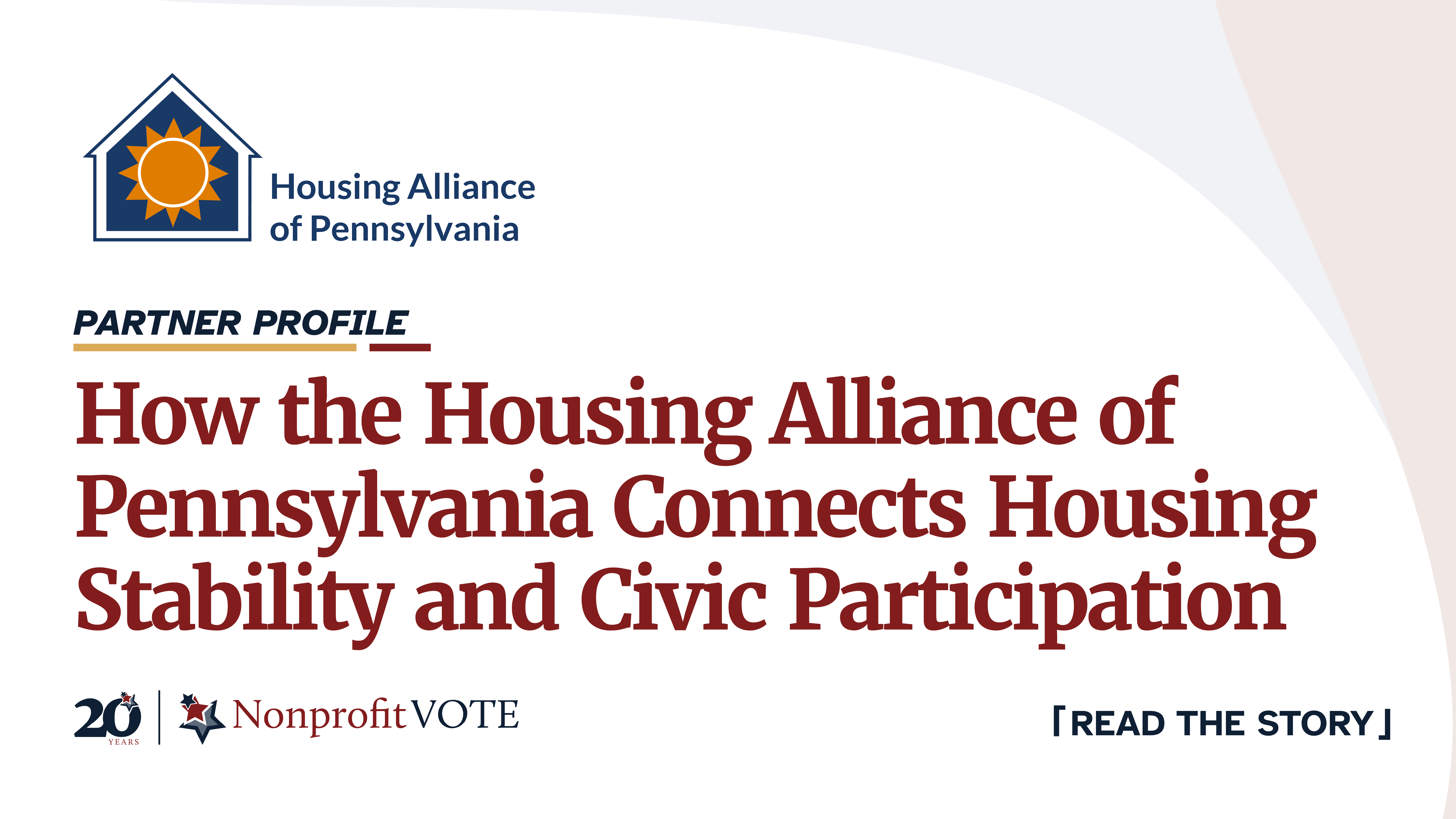 Housing Alliance of Pennsylvania logo with sun inside a house, followed by the 'Partner Profile' headline about housing stability and civic participation.
