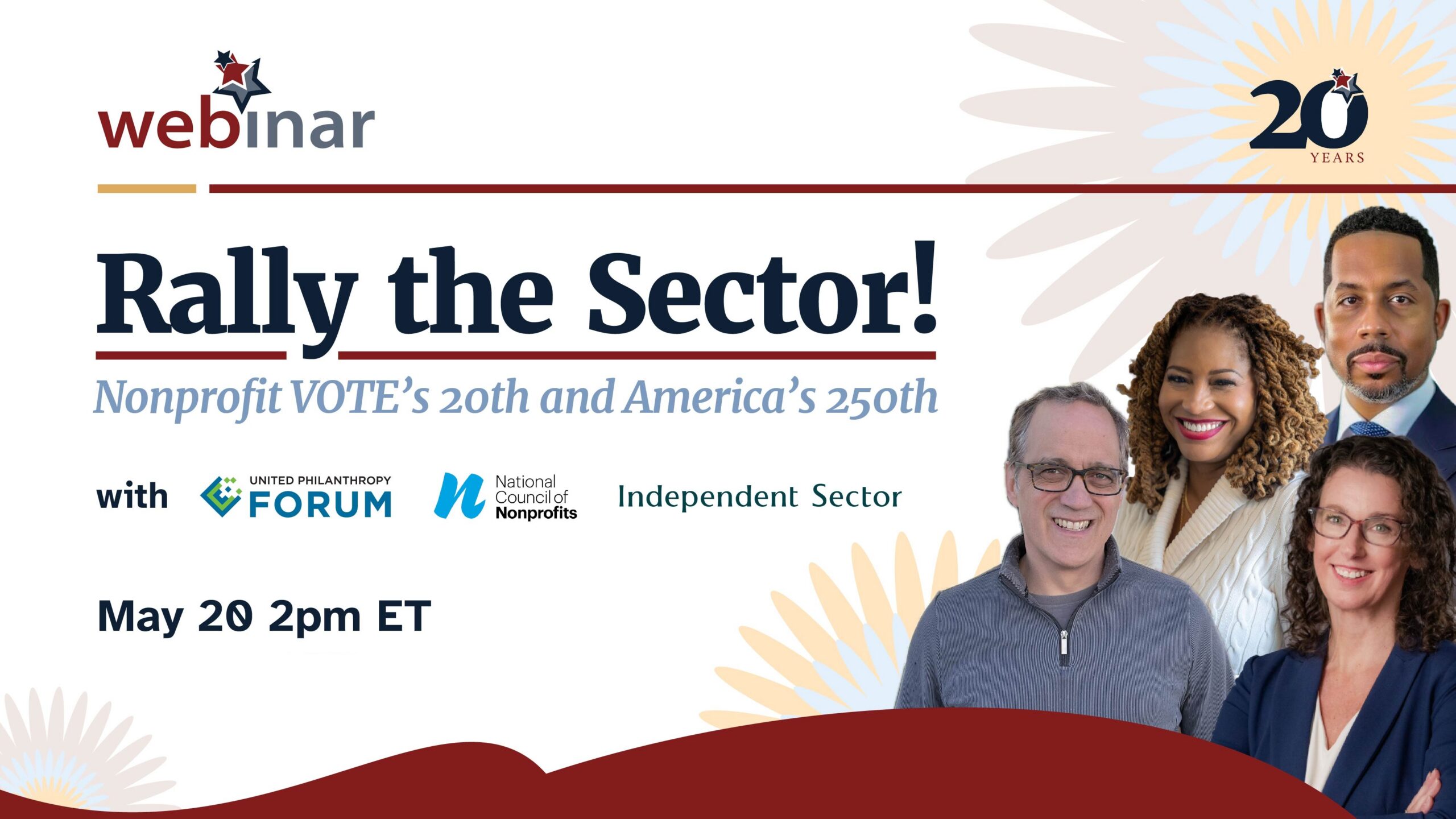 Banner advertising 'Rally the Sector!' nonprofit event with diverse speakers and sponsor logos on a celebratory design.