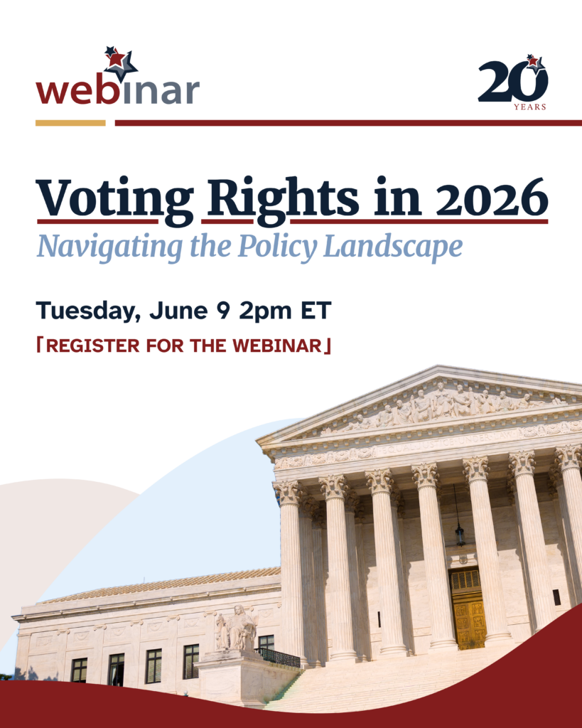 Hero image for webinar: text reads 'Voting Rights in 2026' and 'Navigating the Policy Landscape' with a classical building facade on the right side and decorative curves at bottom (no background color).