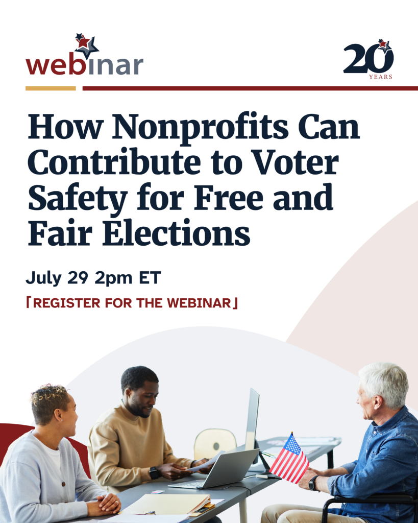 Panel of people at a table in a webinar banner, discussing nonprofit voter safety and elections.