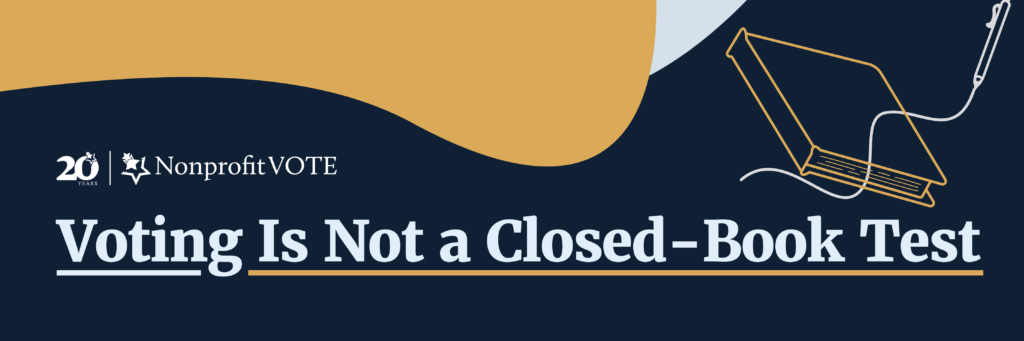 Banner for Nonprofit Vote with the slogan 'Voting Is Not a Closed-Book Test' on a dark navy background and gold decorative shapes, including a white-outlined laptop illustration on the right.