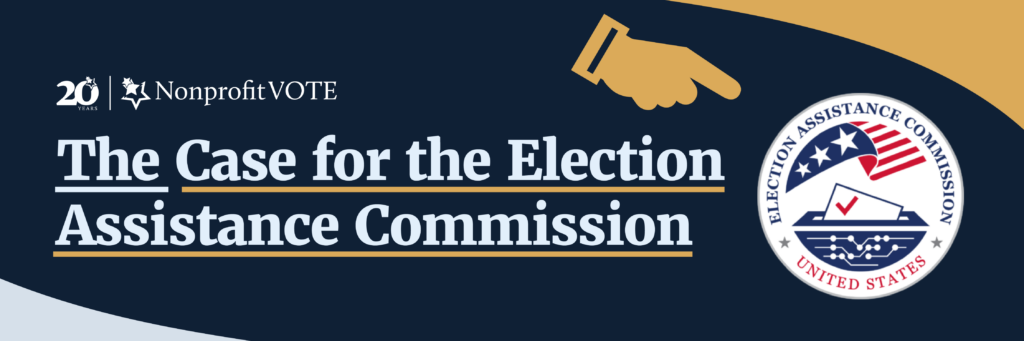 Banner: text reads 'The Case for the Election Assistance Commission' with the EAC seal on the right against a dark blue background, left-side nonprofit vote branding visible