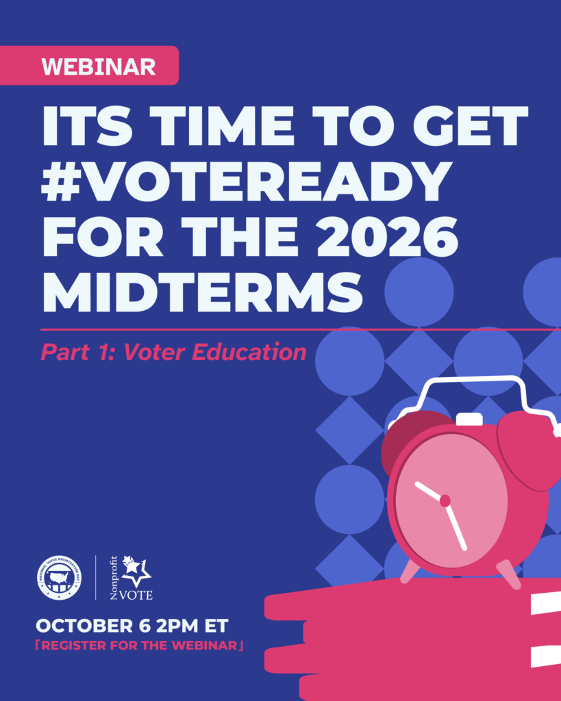 Blue webinar poster with bold white text announcing "It s time to get #VoteReady for the 2026 midterms" and pink accents for emphasis.
