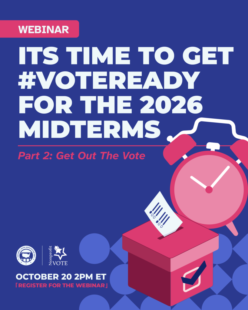 Blue webinar poster: large white text reads 'It's time to get #VoteReady for the 2026 midterms' with a pink clock and ballot imagery in the foreground.